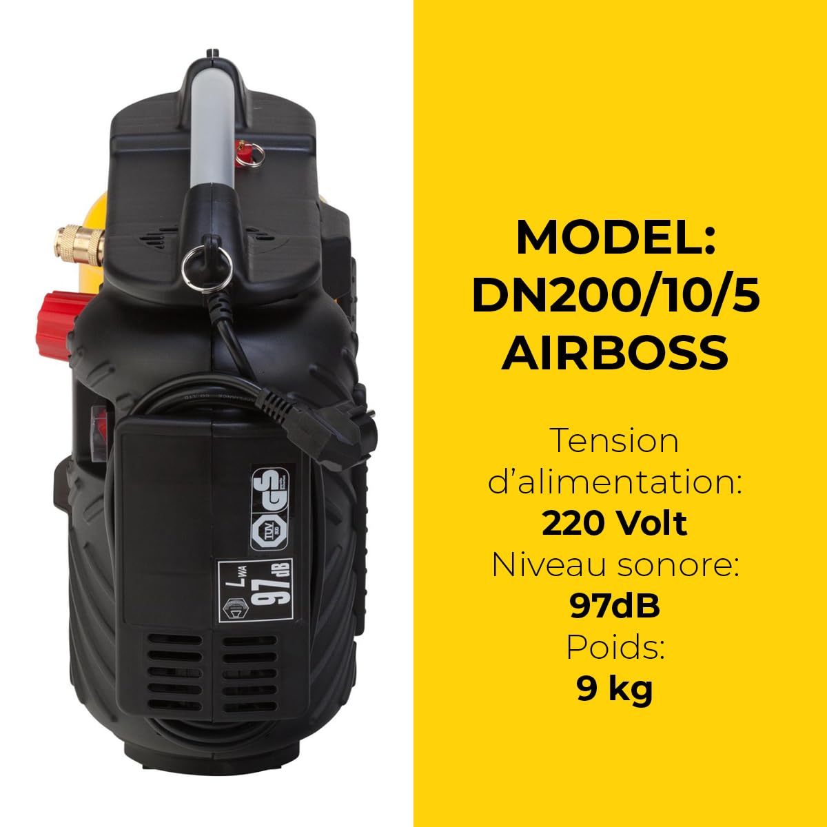 Stanley Compresseur DN200/10/5 - Compresseur à Air 10 Bar - 5L - 180L/Min - Compresseur à Air Portatif avec Poignée et Sangle de Transport - Jaune