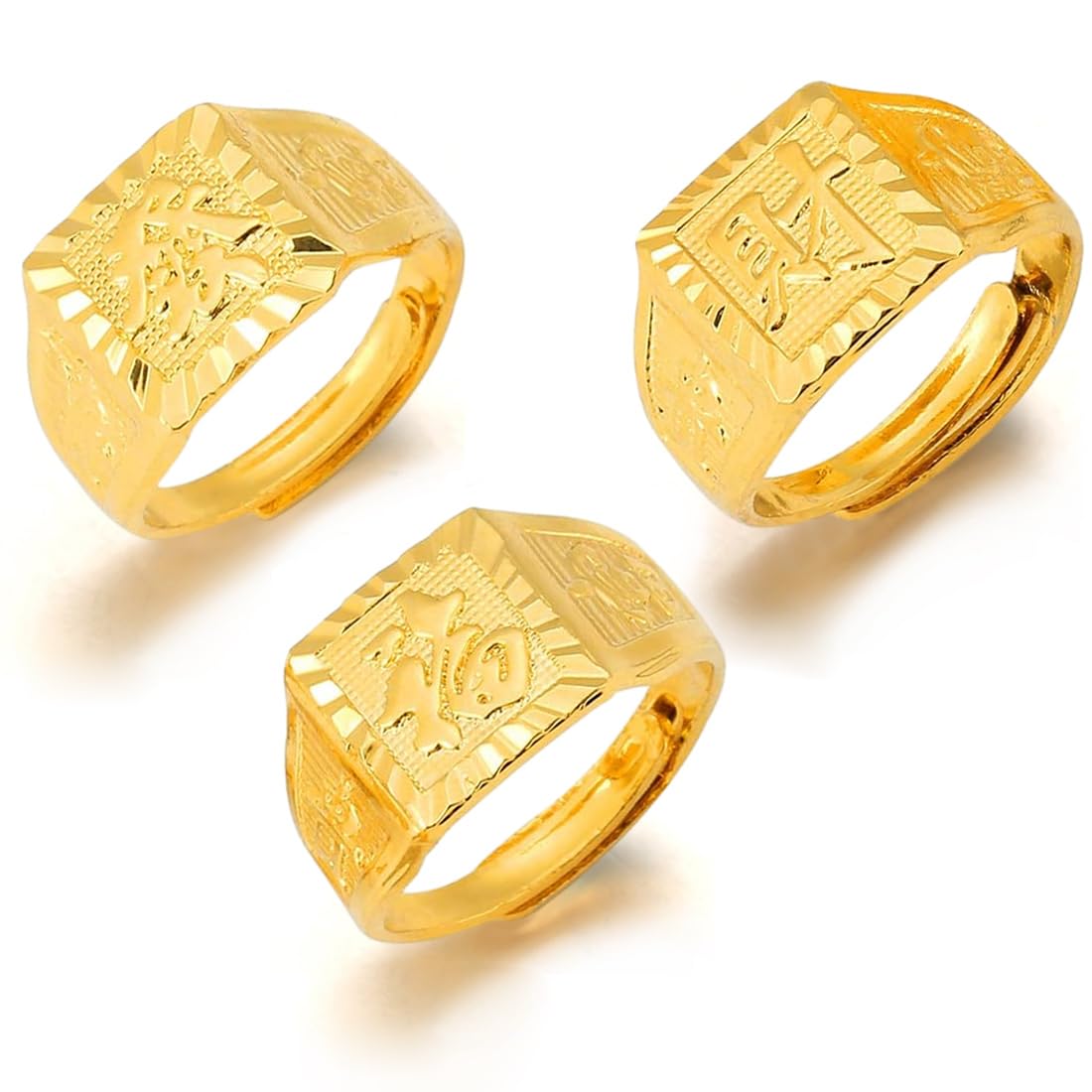 KSJEHW 3 piezas Anillo De Oro Para Hombre Anillo De Boda Kanji Anillo De Riqueza/Suerte/Salud Grueso Anillos Ajustables