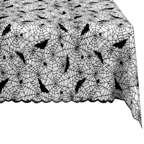 Halloween Tablecloth, 70 x 52 Inch Black Lace Tablecloth Rectangular Halloween Table Cloth Halloween Table Decorations Spiderweb with Bat Scary Table Cover for Halloween Decorations Indoor Decor Party