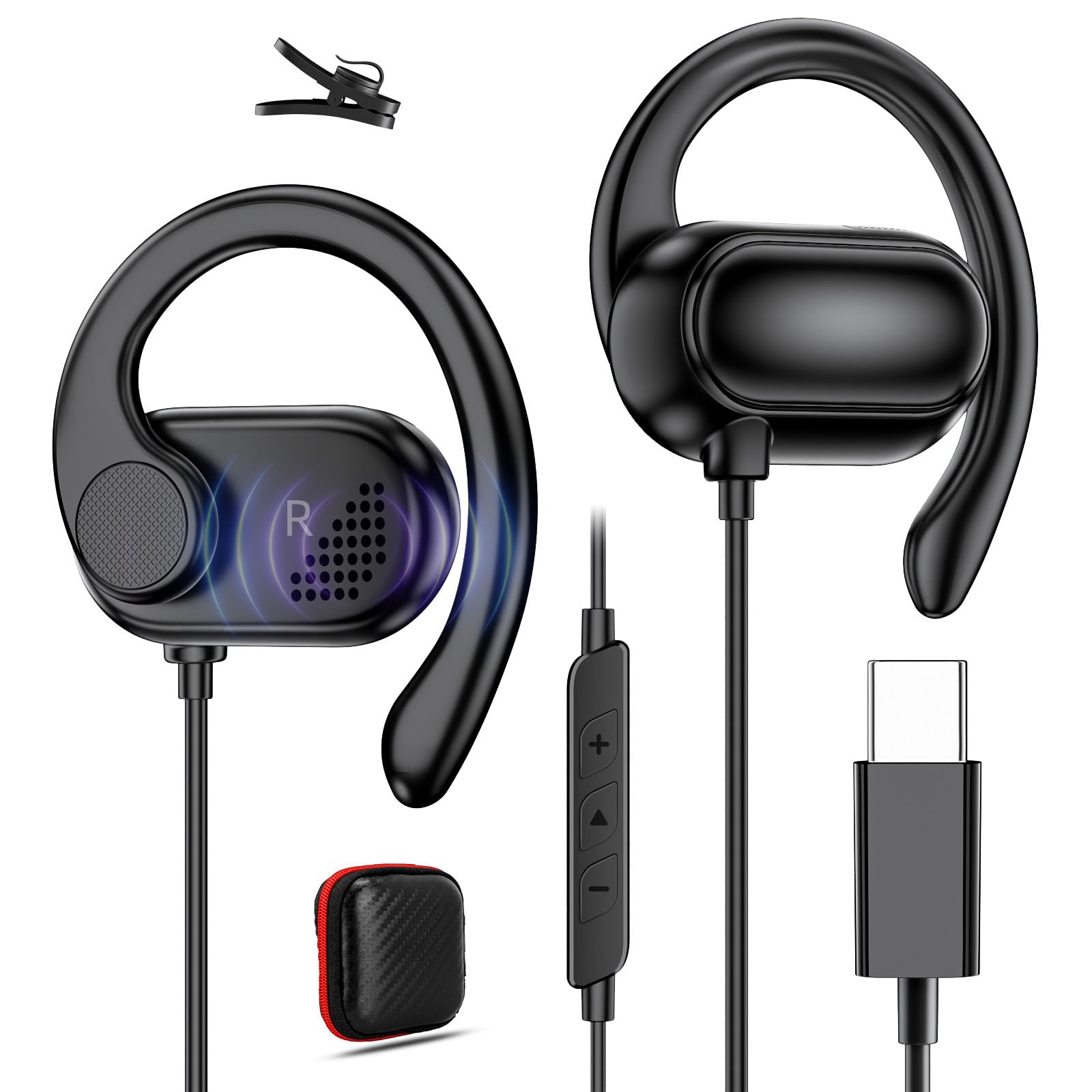 Open Ear USB-C Headphones for iPhone 17 Pro Max 16 15 Plus, Over Ear Wired Earbuds with Earhook Microphone Volume Control, HiFi Stereo Sports Type C Earphones for Samsung S25 S24 S23 S22 S21 S20 Pixel