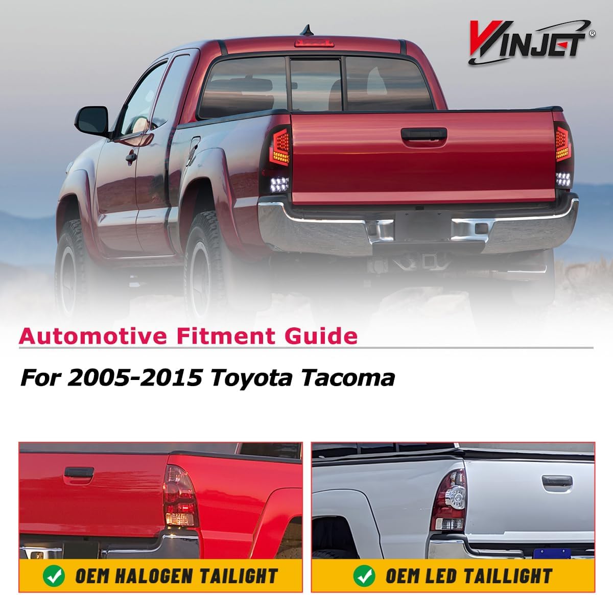 Winjet LED Sequential Tail Lights Assembly For 2005-2015 Toyota Tacoma, Full Led Taillight w/Yellow Sequentail Turn Signal Indicators/Running/Brake/Reverse Light, 1 Pair Rear Lamps (Black/Clear)