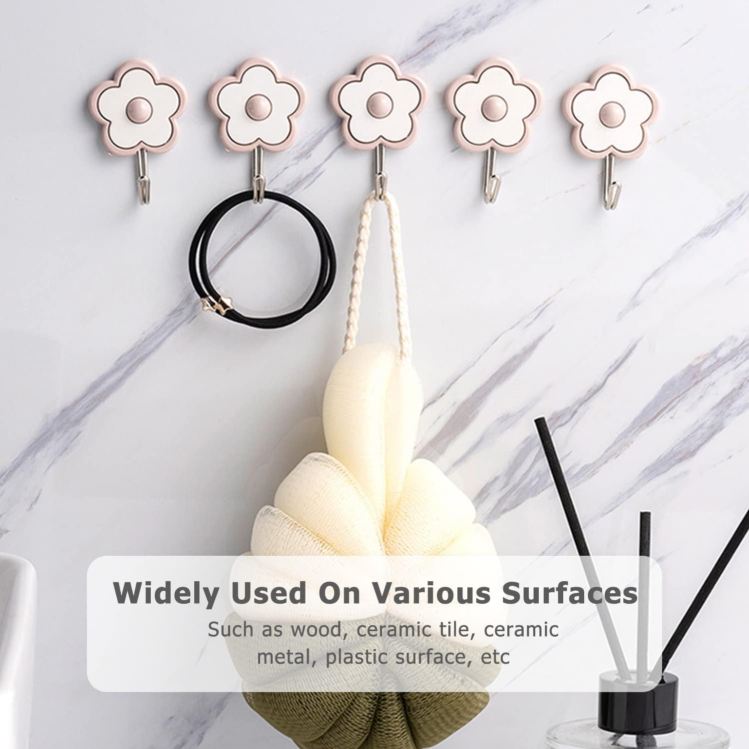 [5 Pack] Cute Floret Utility Hooks Heavy Duty Up to 5 Pounds, Waterproof and Oil Proof. Hanging Key. Stick On Wall Kitchen Bathroom Ceiling Or Office Windows Hangers-Blue image 2