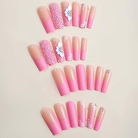 YoYoee Long Rose Nails Tips Glitter French False Nails Square Press on Nails Daisy Full Cover Ballerina Fake Nails for Women and Girls 24PCS