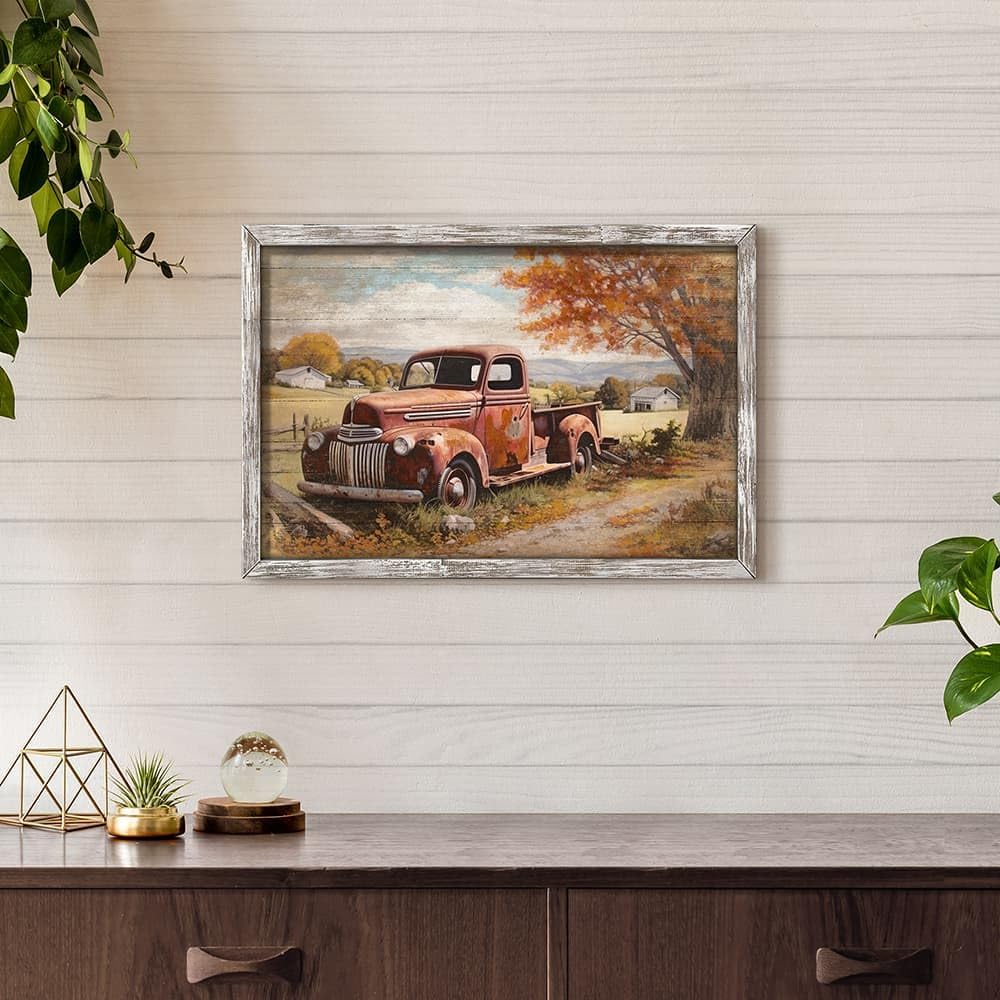 Farmhouse Truck Wood Wall Art: Red Car Framed Picture Rustic Barn Painting Country Anique Pickup Artwork Autumn Rural Scene Horizontal Print for Bedroom Living Room Home Office