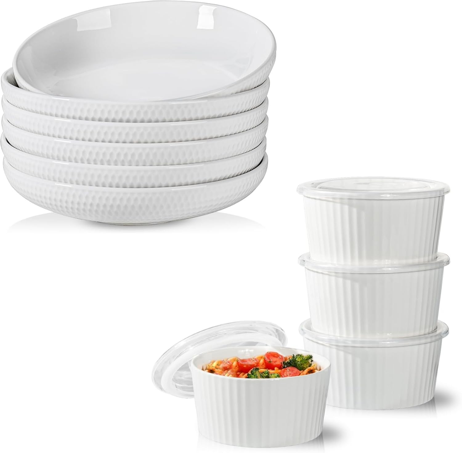 Pasta Bowls, 34 Ounce Large Salad Serving Bowls, Ceramic Bowl with Lid - Microwave Soup Bowls with Lids Serving Bowls