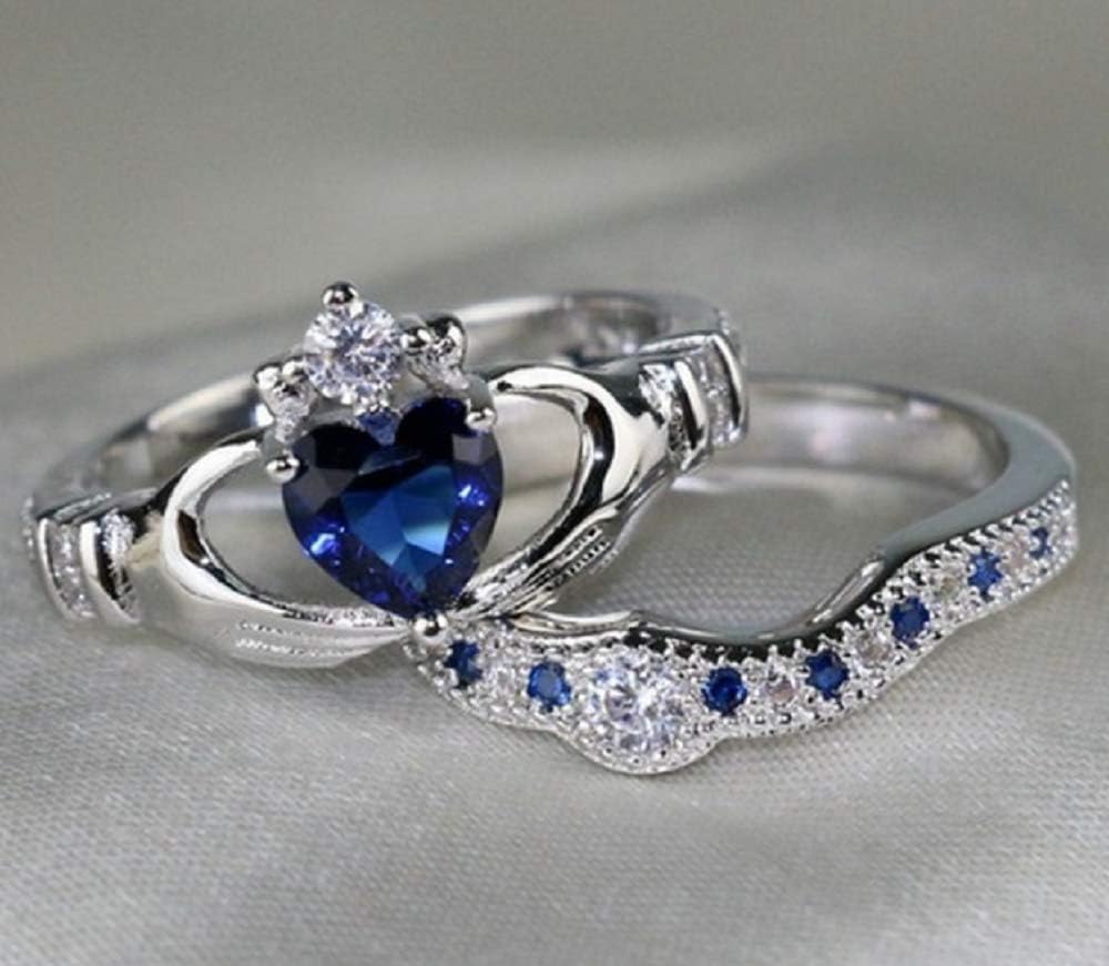 Lzz Women's Fashion Jewelry 925 Sterling Silver Analog Sapphire Heart Shape Ireland Claddagh Wedding Ring Set Cubic Zirconia Gemstone Ring Size 5-10