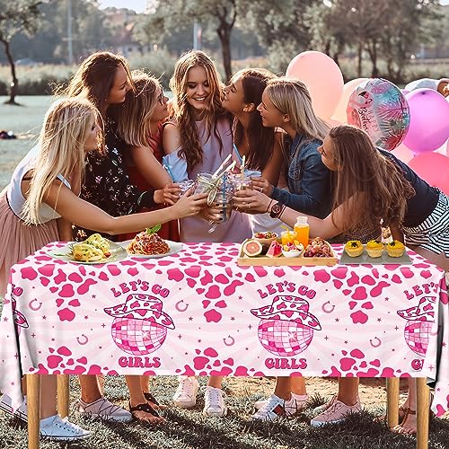 Image of Let's Go Girls Tablecloths, 3 Pcs Cowgirl Birthday Supplies Rectangle Table Covers, Disposable Disco Cowgirl Tablecloth for Bachelorette Party Decorations, 108 x 180 cm