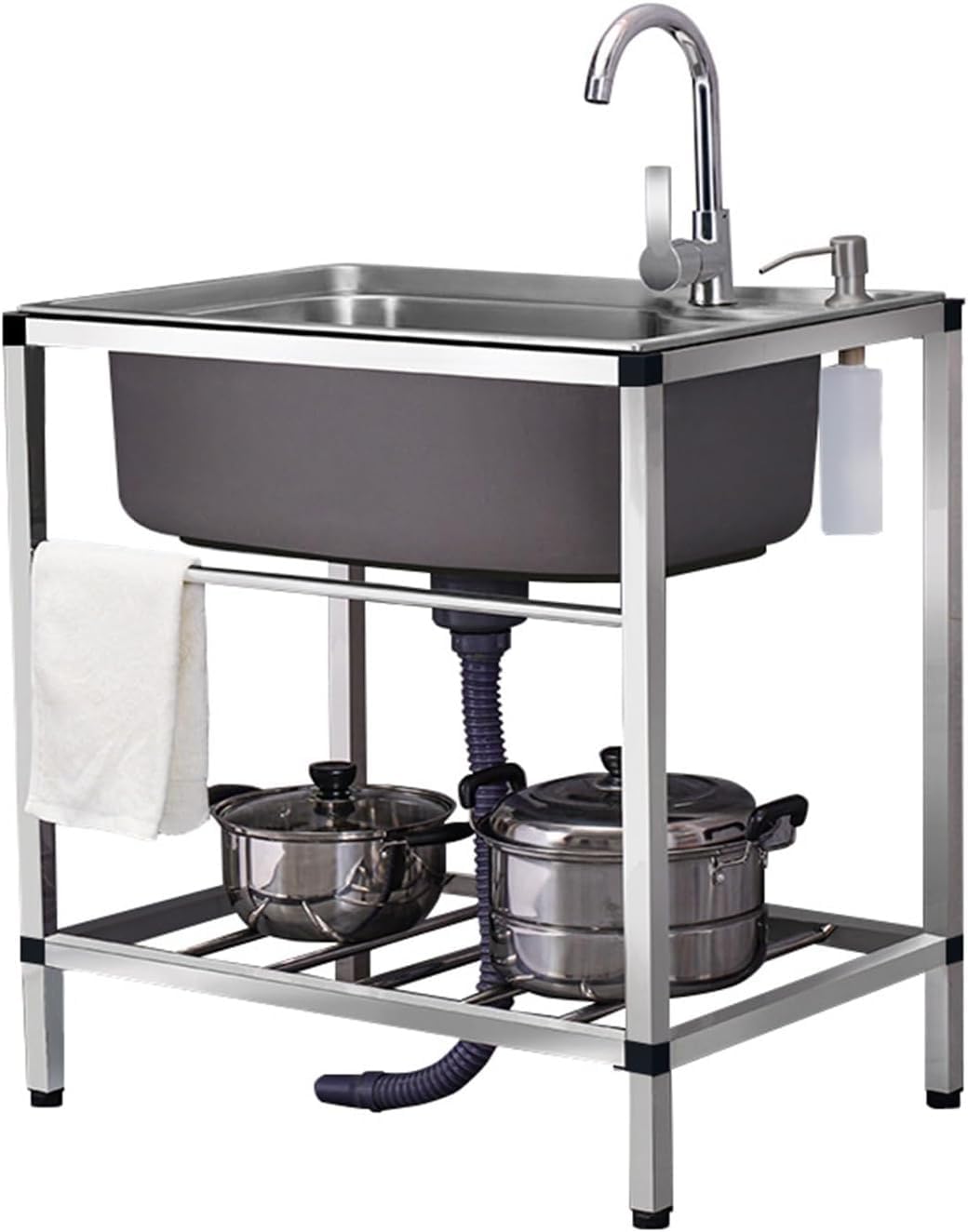 ZQFHSX Freestanding Stainless Steel Single Bowl Sink with Faucet & Drain Plate - Commercial Kitchen for Restaurant Garage Laundry 40x55x75cm/15.7x21.6x29.5in