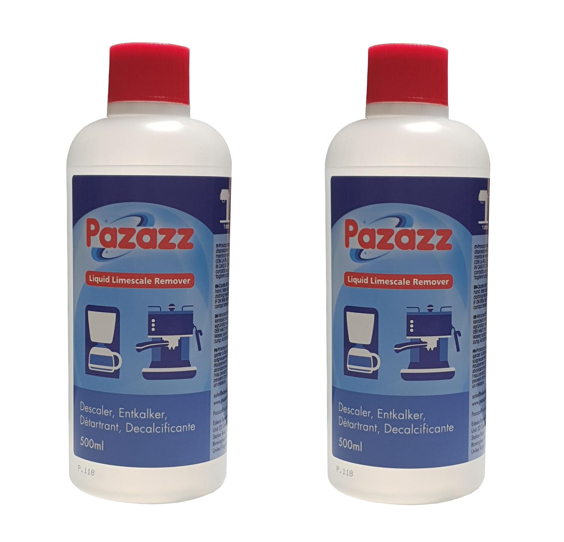 Pazazz2 x 500ml Liquid Decalk Descaler for Coffee Espresso Machines - compatible with DELONGHI SAGE GAGGIA KRUPS DUALIT etc.