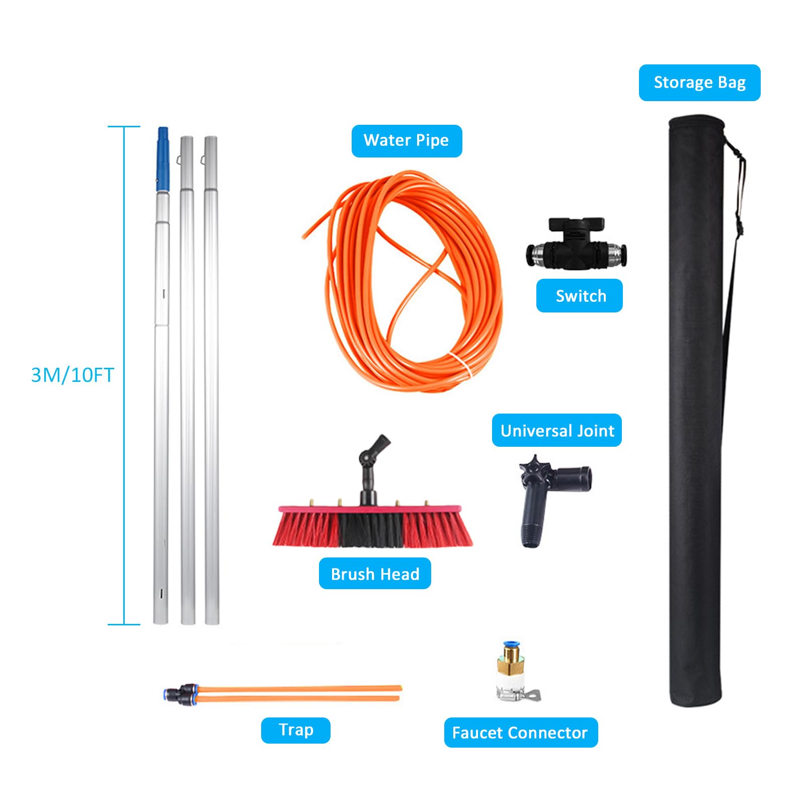 Perche télescopique de Nettoyage de vitres avec Brosse à Eau, kit de Lavage de Panneaux solaires Extensible pour Le Nettoyage de toitures de vérandas, équipement Professionnel de Nettoyage d