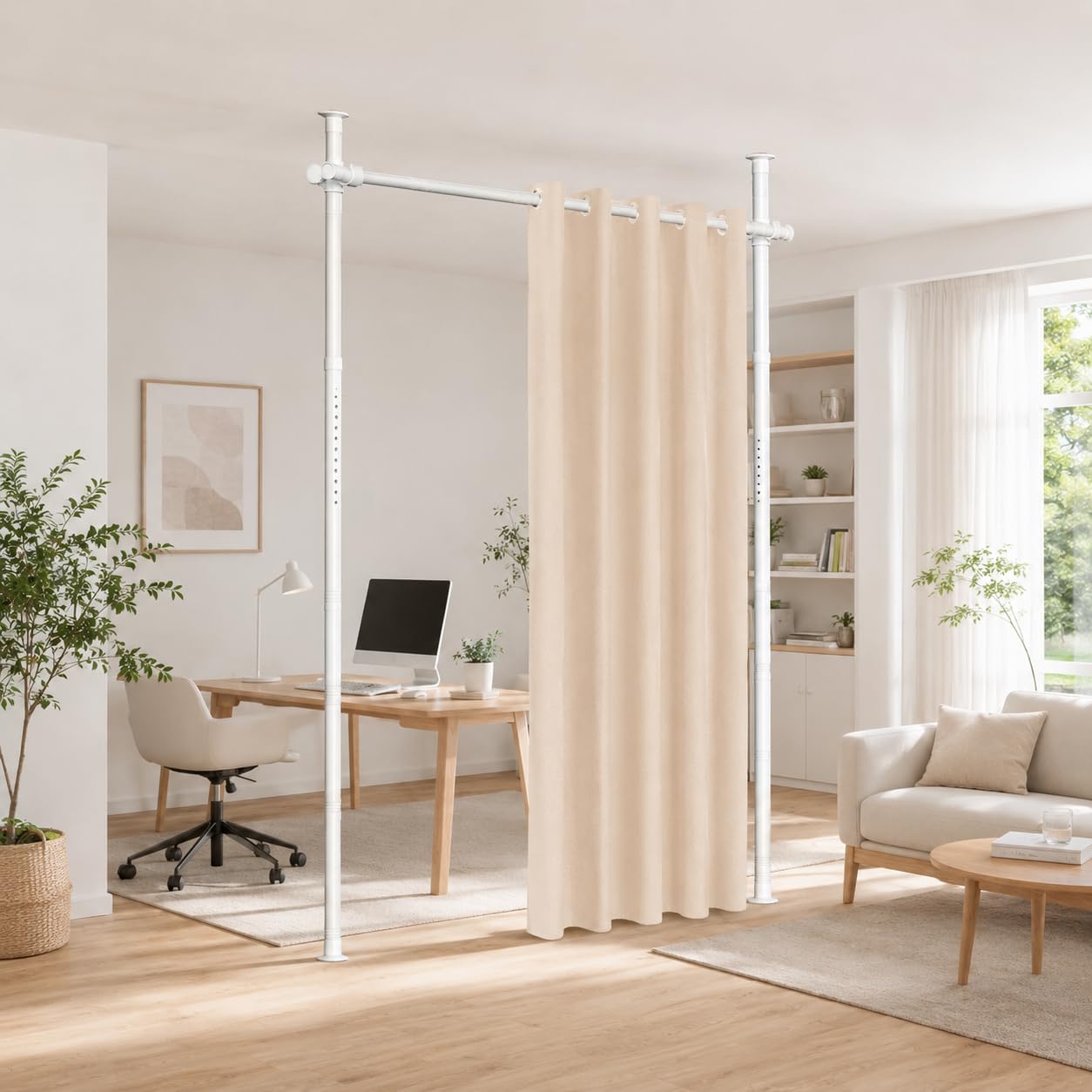 Divisor de ambientes, barra de cortina sin taladrar, independiente, separador de habitaciones, biombo, sin cortina, ajustable, 177 x 320 cm, protección visual para dormitorio, color blanco