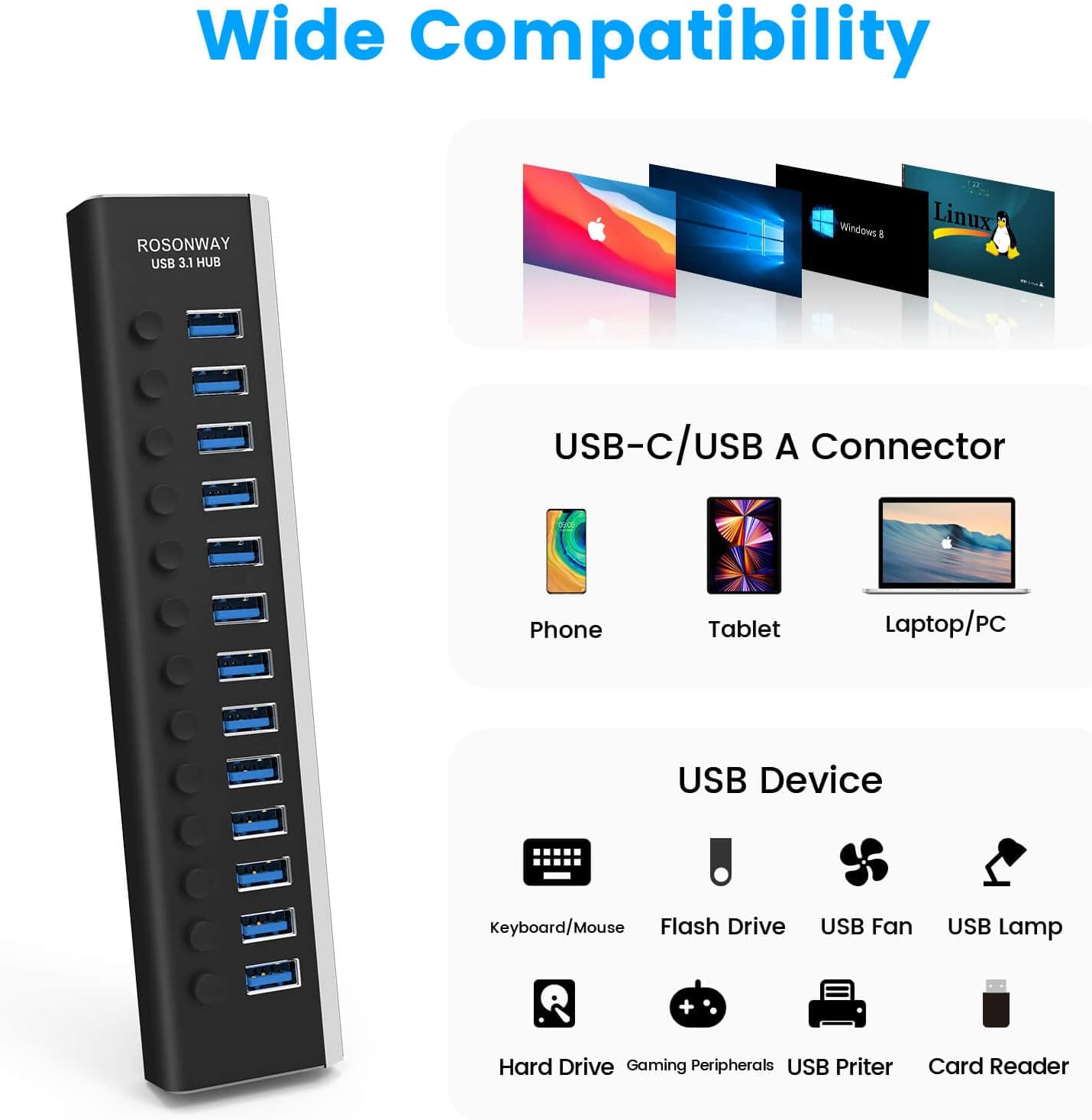 Rosonway 13 Port Powered USB 3.2 Hub 10Gbps with 72W (12V/6A) Power Adapter and Individual Switches, Type A and Type C Cables, Aluminum USB Port Hub Expander for PC and Laptop, RSH-A13