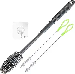 Kit Escovas para Lavar Garrafas e Canudos - Escova de Silicone para Limpeza de Mamadeira e Garrafa + 2 Escovas para Canudos + Gancho adesivo – Não Risca e Alcança Áreas Difíceis