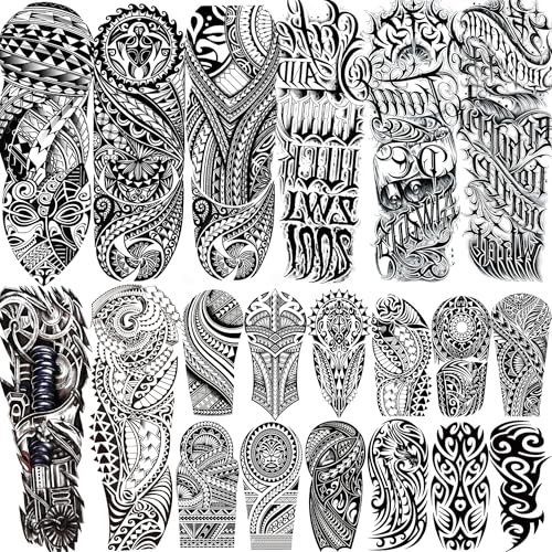 20 Sheets Cool Tirbal Maori Full Arm Temporary Tattoos For Men Adults Thigh, Black Totem Armband Robot Arm Letter Fake Sleeve Tattoos For Women, Bulk 3D Halloween Tattoo Stickers Loyalty Faith
