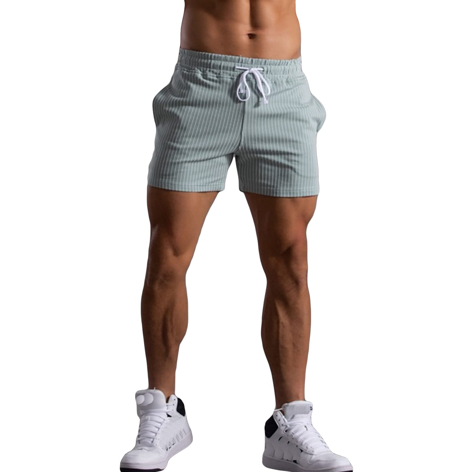 JEKE-DG Men's Running Shorts Summer Breathable Stripe Gym Athletic Shorts with Pockets Printed Drawstring Swim Trunks