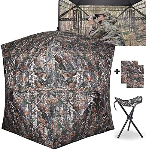 XProudeer Hunting Blind See Through Ground Blinds with 270 Degree,2-3 Person Pop Up Hunting Blinds with Chair,Camouflage Hunting Tent for Deer & Turkey Hunting,Hunting Gear and Hunting Accessories