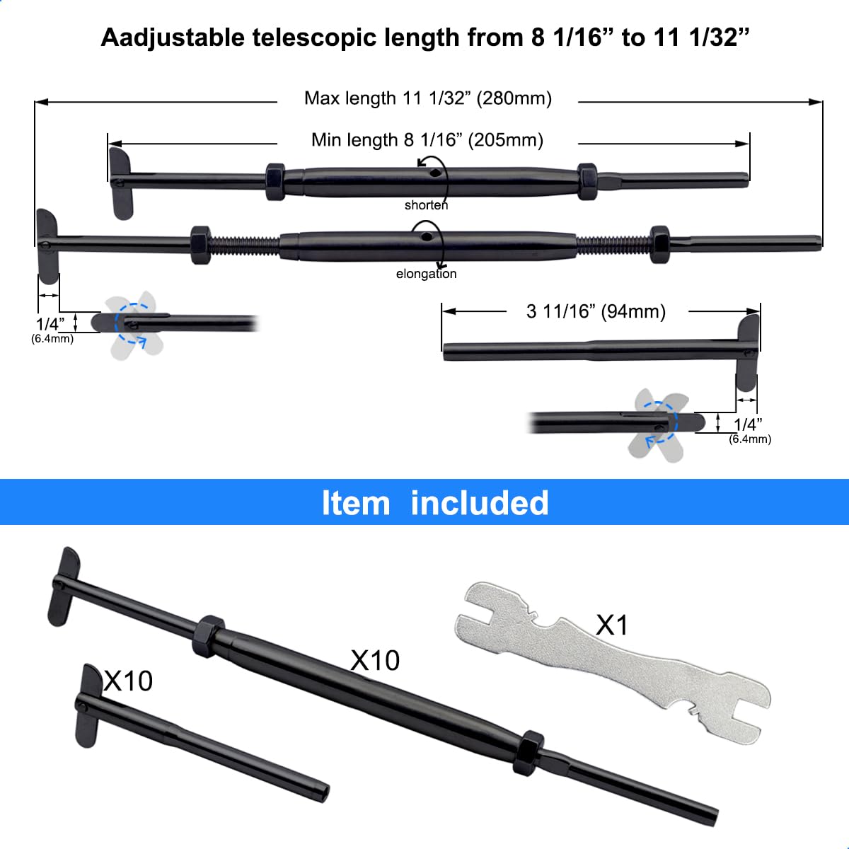 Black Cable Railing Hardware Kit, for 1/8" Cable Railing System for Metal Posts, Stainless Steel Drop Pin Turnbuckle 10 Pairs