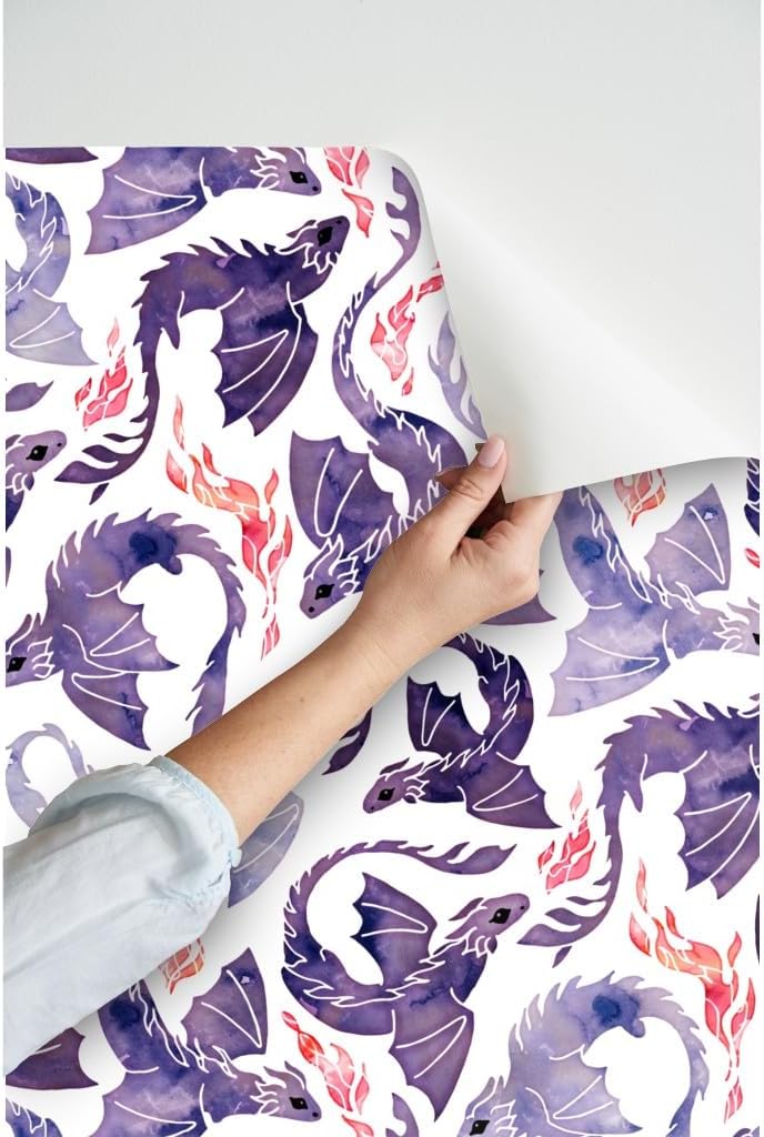Spoonflower Peel & Stick Wallpaper 3ft x 2ft - Purple Plum Fire Fantasy Mauve Mythical Dragon Fairy Tale Custom Removable Wallpaper