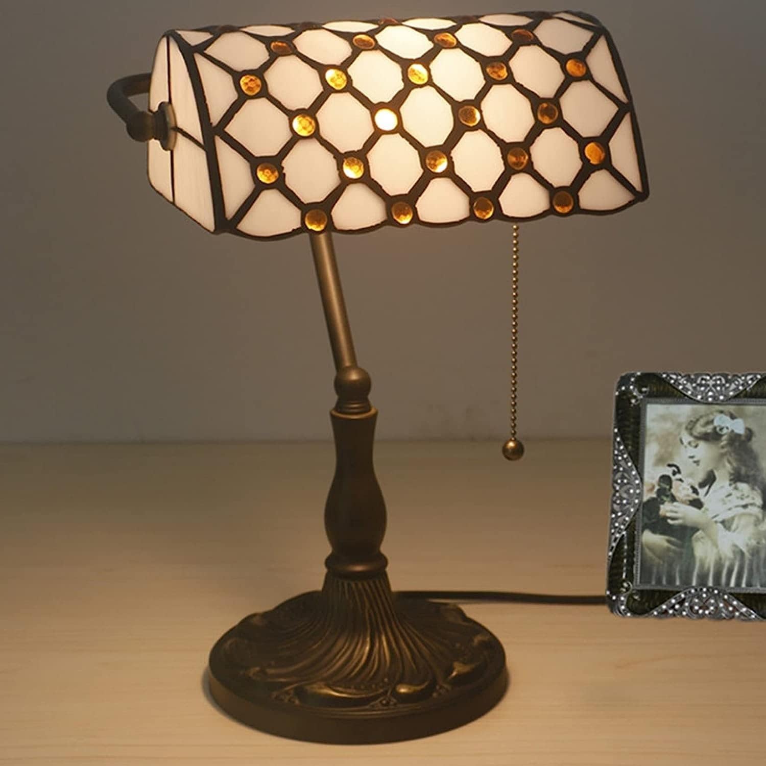 Bankiers Tischlampe, farbige Glaslampe, Kristallperlenschreibtischlampe, Schlafzimmer in der Nacht Leselampe (weißer brauner Glasperlenschatten) Innovate