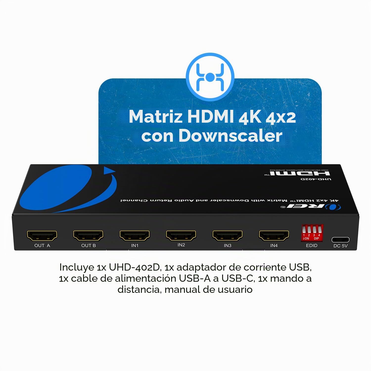 OREI Conmutador de matriz HDMI 4K 4 x 2, conmutador 18G UltraHD con arco soporta hasta 4K @ 60Hz y control remoto IR 1080P - Selección completa de matriz