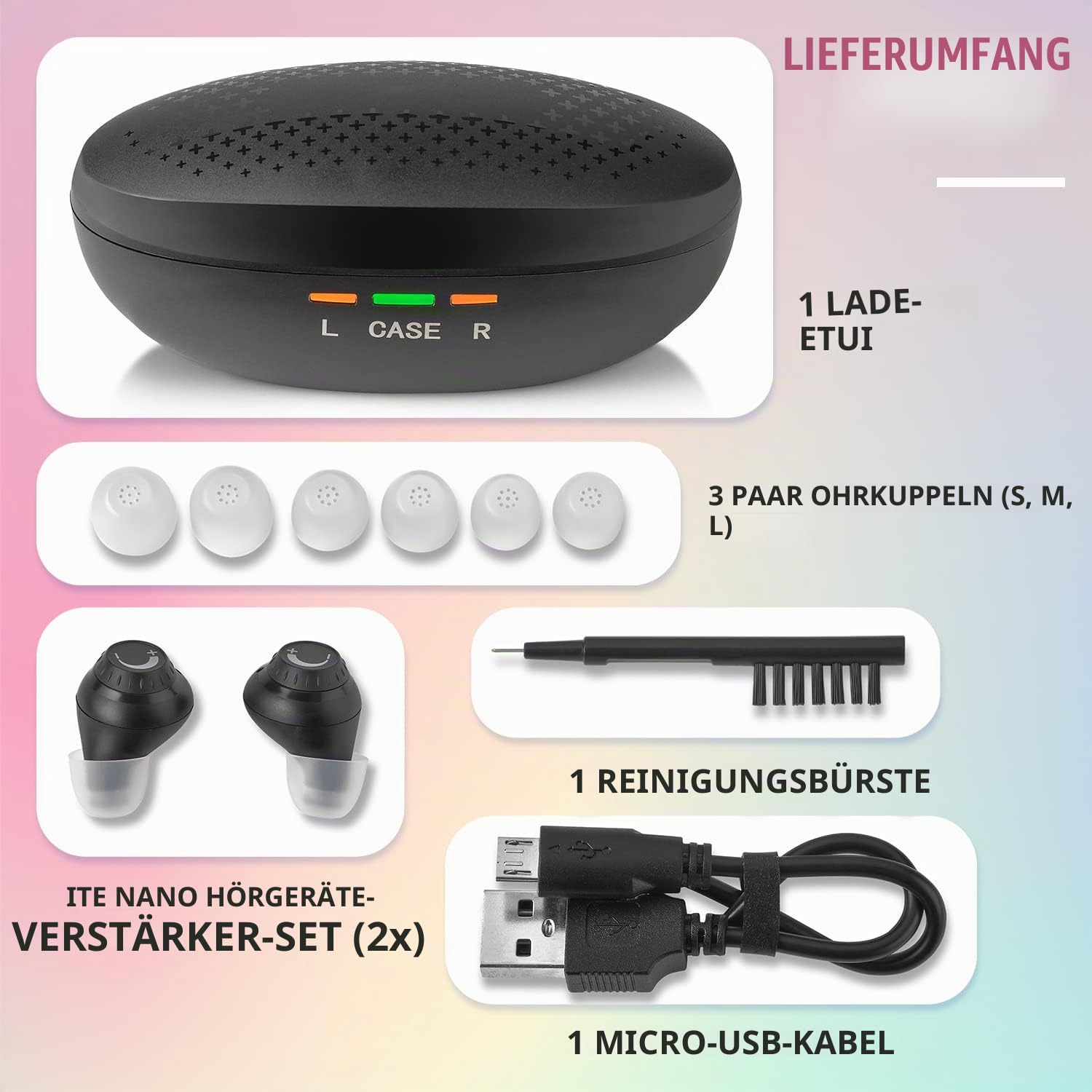 Mini Digital – ITE wiederaufladbar – leichtes Gerät mit Geräuschunterdrückung, In-Ear-Erkennung und Lautstärkeregler für Erwachsene und Senioren, Schwarz