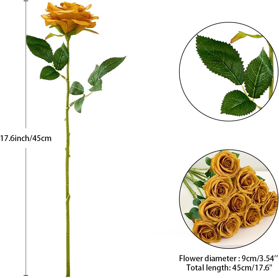 Artificial Rose 10pcs Open Flower Bouquet Faux Rose Stems for Wedding Arrangement, Bridal Bouquet, Centerpiece, Fake Faux Silk Flowers (Mustard Yellow) - Image 2