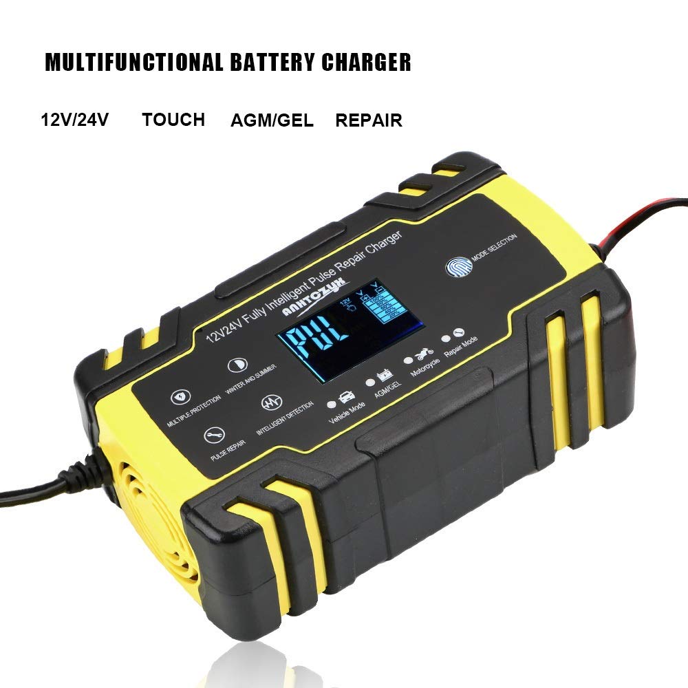 Ładowarka do akumulatora samochodowego, ładowarka samochodowa 12 V, w pełni automatyczna ładowarka do naprawy 12 V-24 V 8 A, cyfrowy wyświetlacz na mokro, suche akumulatory, ładowanie