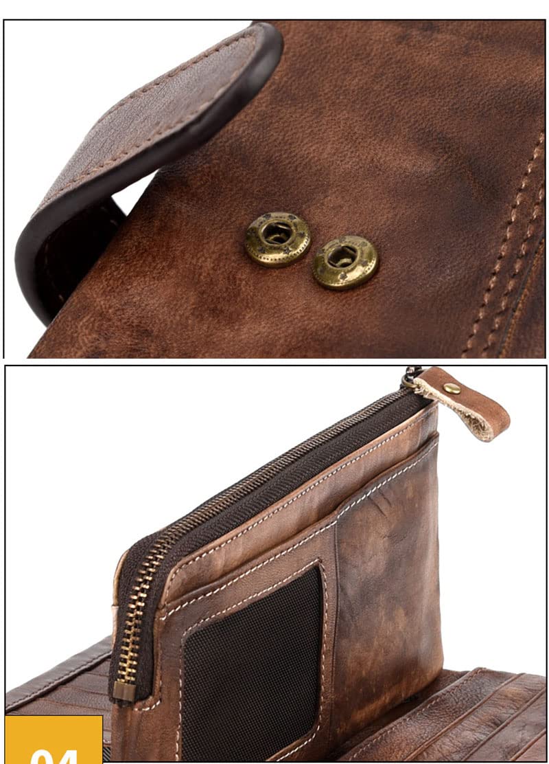 Cartera larga de cuero vintage para hombres y mujeres, con bloqueo de tarjetas de crédito, monedero con cremallera para teléfono móvil, marrón oscuro
