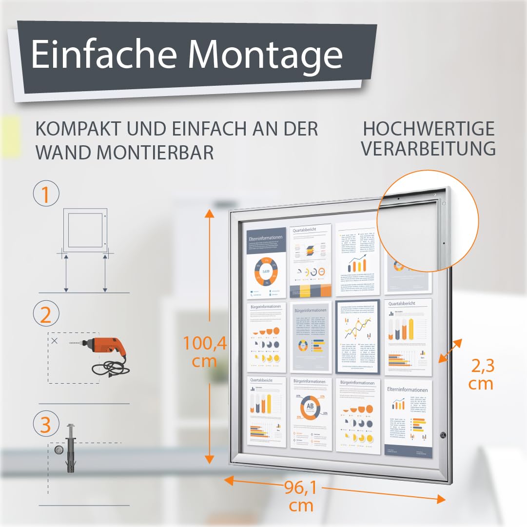 Schaukasten außen 12x DIN A4 | wetterfest | abschließbarer Infokasten SAN-Scheibe | beschreibbare magnetische Rückwand | ideal für Außenbereich & Outdoor Wand-Montage