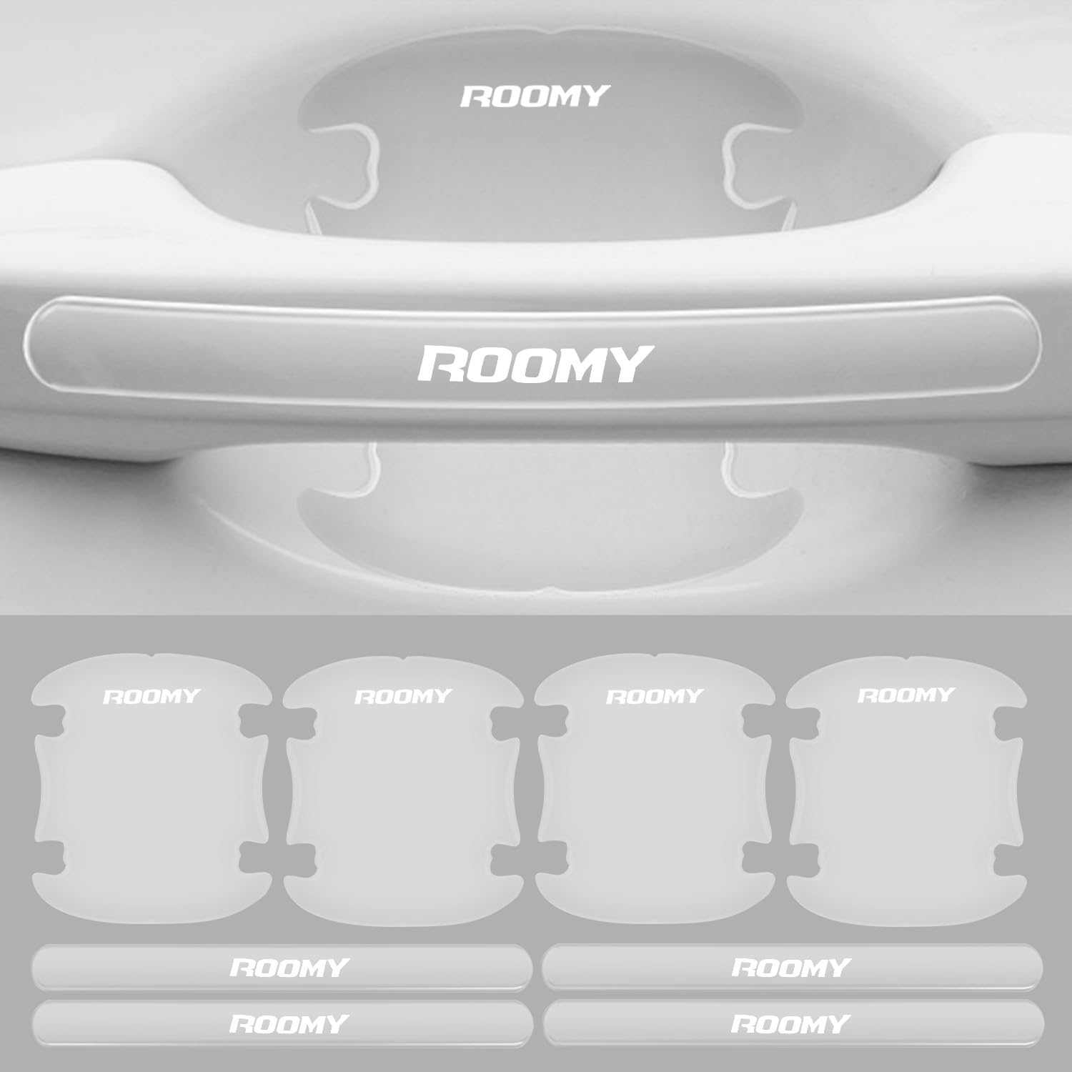 Roomy ドアハンドルプロテクター 全シリーズ適用 車用パーツ ドアハンドル保護 傷防止 外装パーツ シール ステッカー カバー 専用ロゴ入り 簡単取り付け 8個セット (透明タイプ)