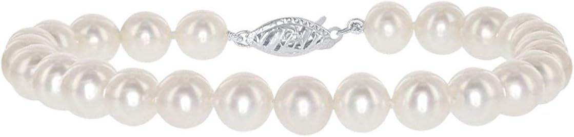 Blue Ocean Pearls .925 Sterling Silver & 6mm-6.5mm Round White Freshwater Cultured Pearl Bride & Bridesmaid Strand Bracelet with Fishhook Clasp - 7"
