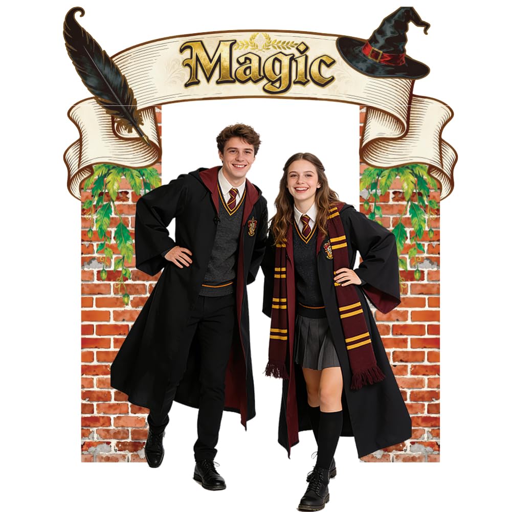 WADORN Magic School Door Porch Banner, 6.5x7.5 Ft Wizard Party Backdrop Decoration Red Brick Wall Photography Background Hanging Supplies for Home Birthday Castle Themed Party