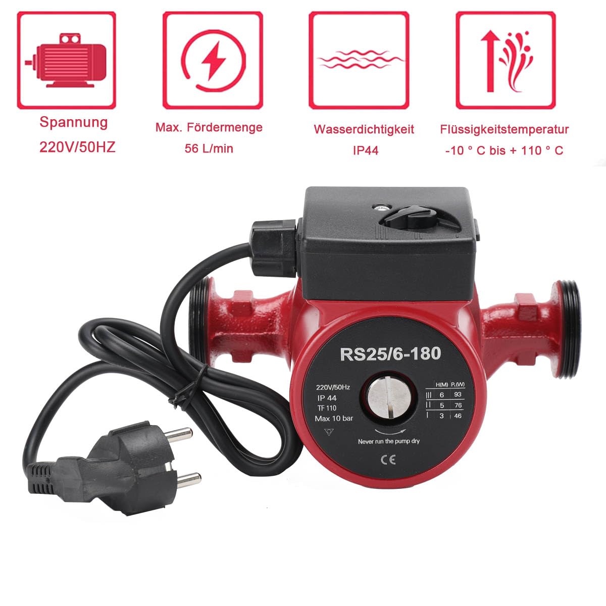Victoam Umwälzpumpe RS25/6-180 – 3 Stufen 46/88/100 W, 50 L/min, 6 M Förderhöhe, Für Heizung & Warmwasser