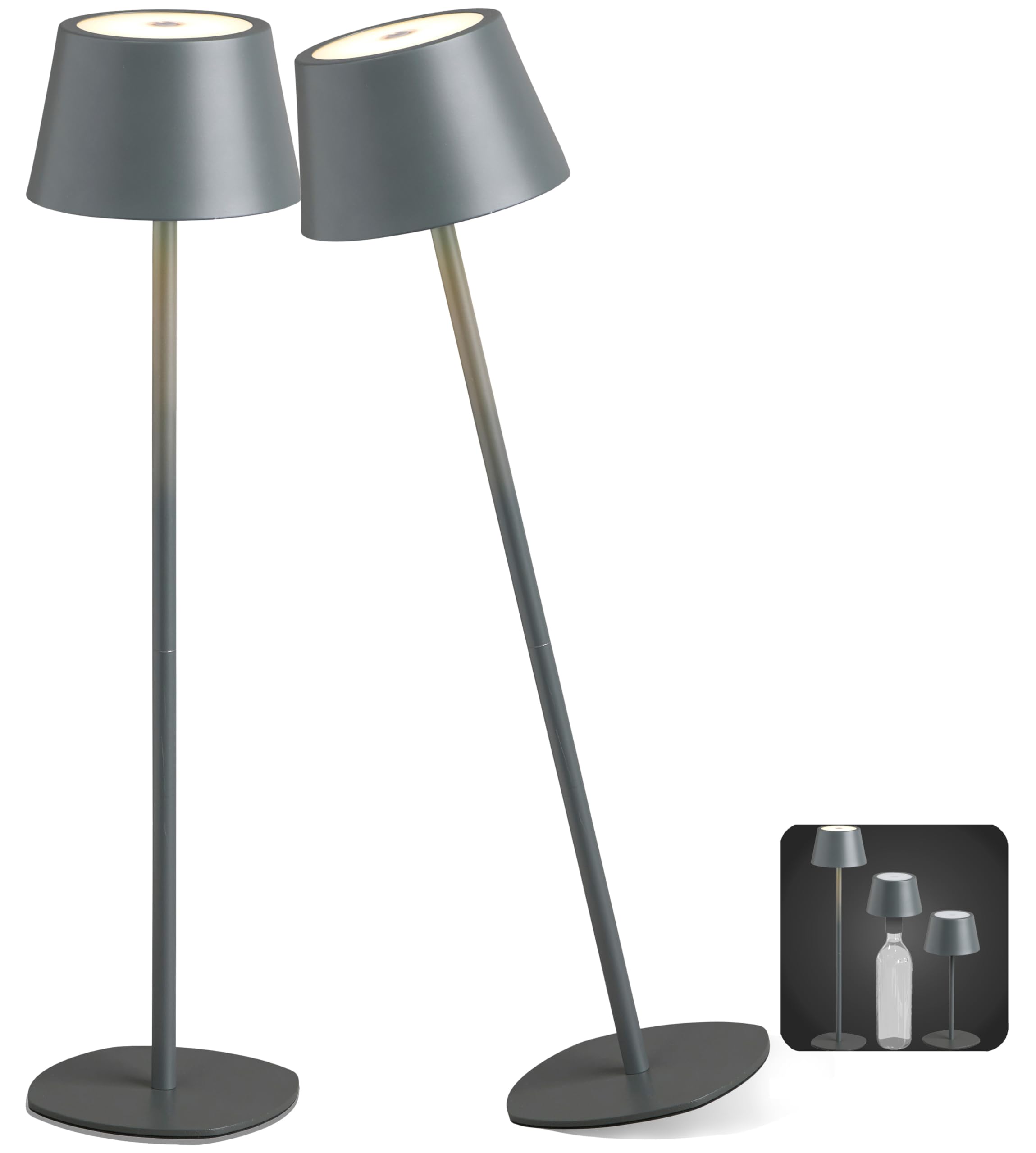 Northpoint 3in1 LED Tischlampe Flaschenleuchte max. 45cm hoch mit 3000mAh Akku 200lm warmweißes Licht (3000K) stufenlos dimmbar für Innen und Außen (grau 2er-Set)