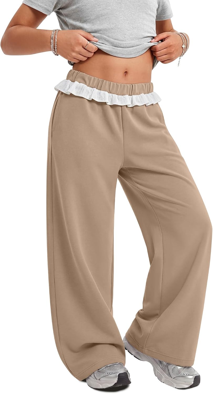 Girls Wide Leg Sweatpants Kids Athletic Ruffle Elastic Waist Pants Casual Baggy Joggers 5-14 Years