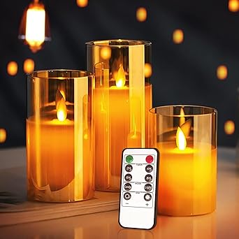TIED RIBBONS Pack of 3 Flameless LED Candles with Remote Controller and Timer AAA Battery Powered Golden Acrylic Fiber Glass - Christmas Decoration Items for Home - Christmas Candles