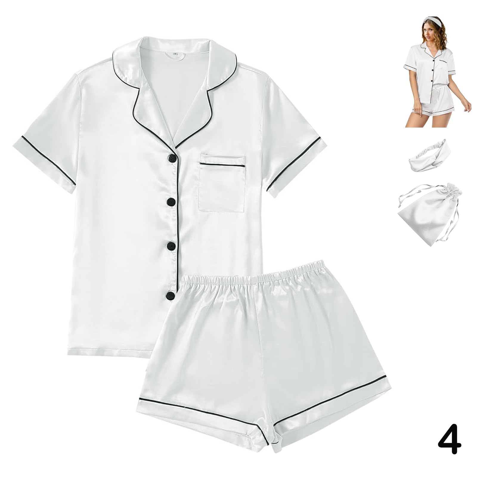 4Pcs Womens Satin Silky Pajama Sets Short Sleeve Shirt XS-4XL Floral Pajamas Set Soft PJ Loungewear Sleepwear