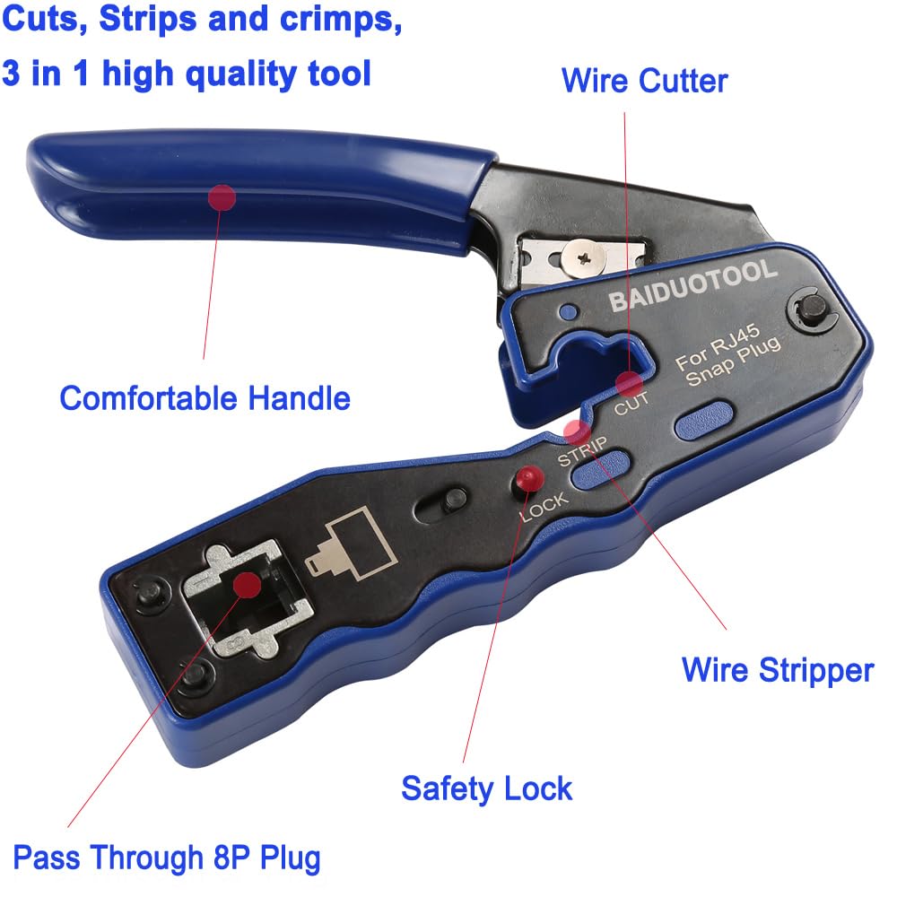Kit di crimpatura RJ45 con pinza crimpatrice passante per Cat5, Cat5e, Cat6, Cat6a, 8P8C, connettore modulare All-In-One Cat6, crimpatrice e tester (batteria da 9 V non inclusa)