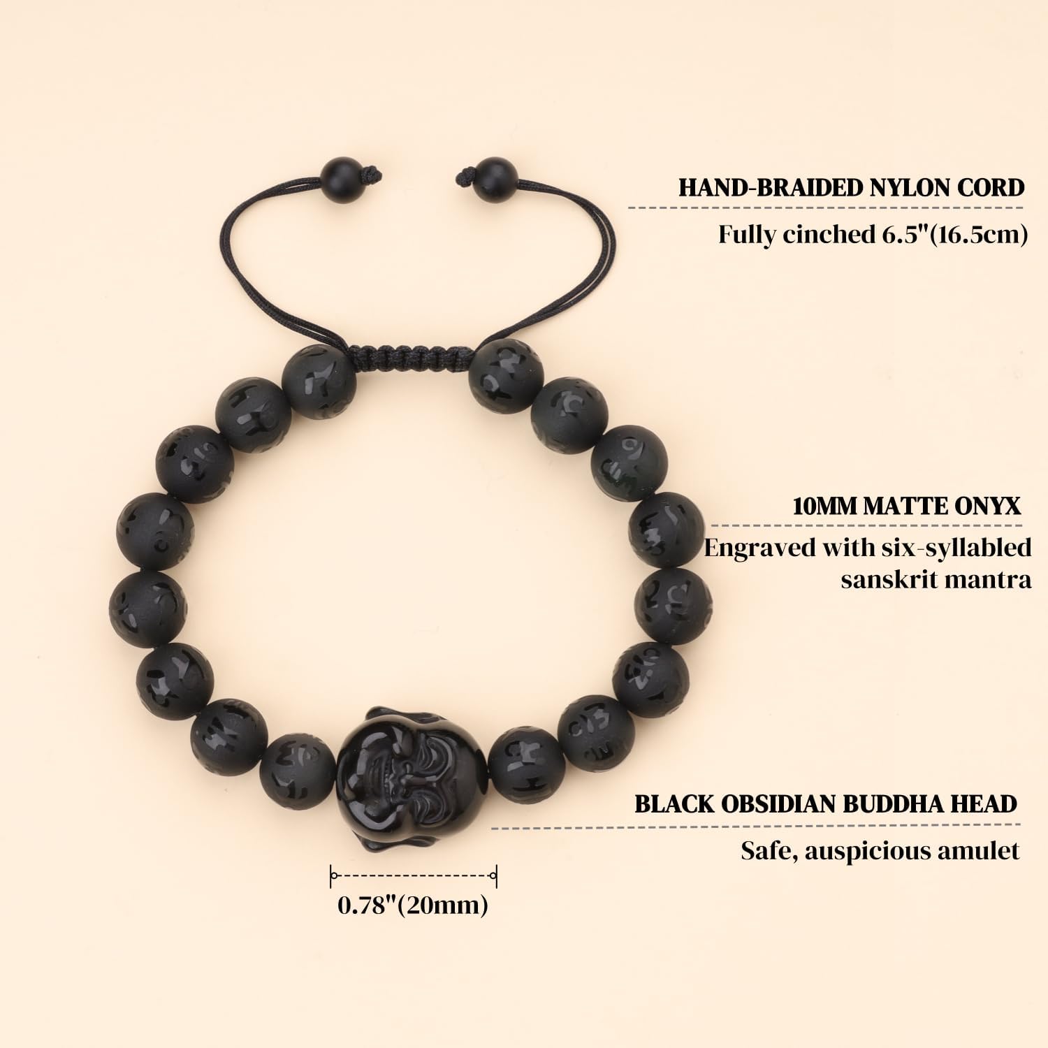 COAI Buddha Bracelet Six-Syllabled Sanskrit Mantra Onyx Obsidian Stone Beaded Bracelet