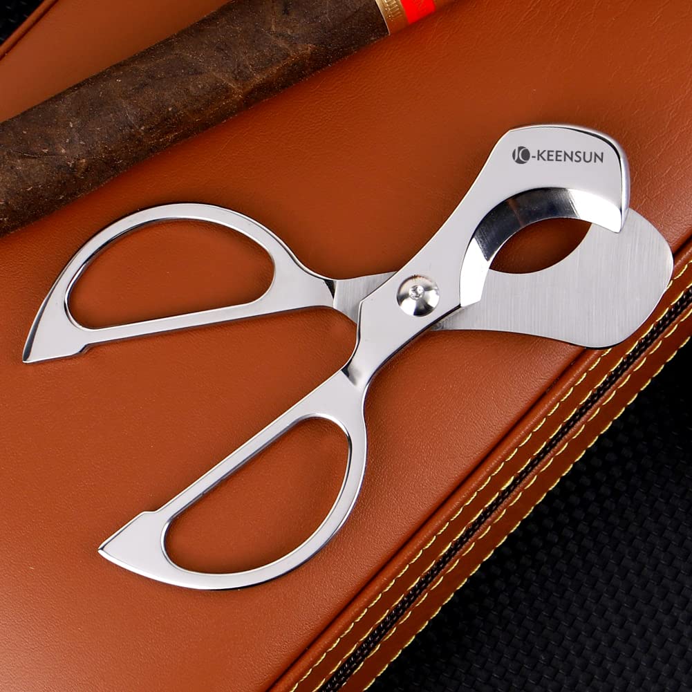 KEENSUN Cigar Scissors Cutter, Stainless Steel Guillotine Double Blade Straight Cut Scissors (Silver) with Leather Case - Image 4