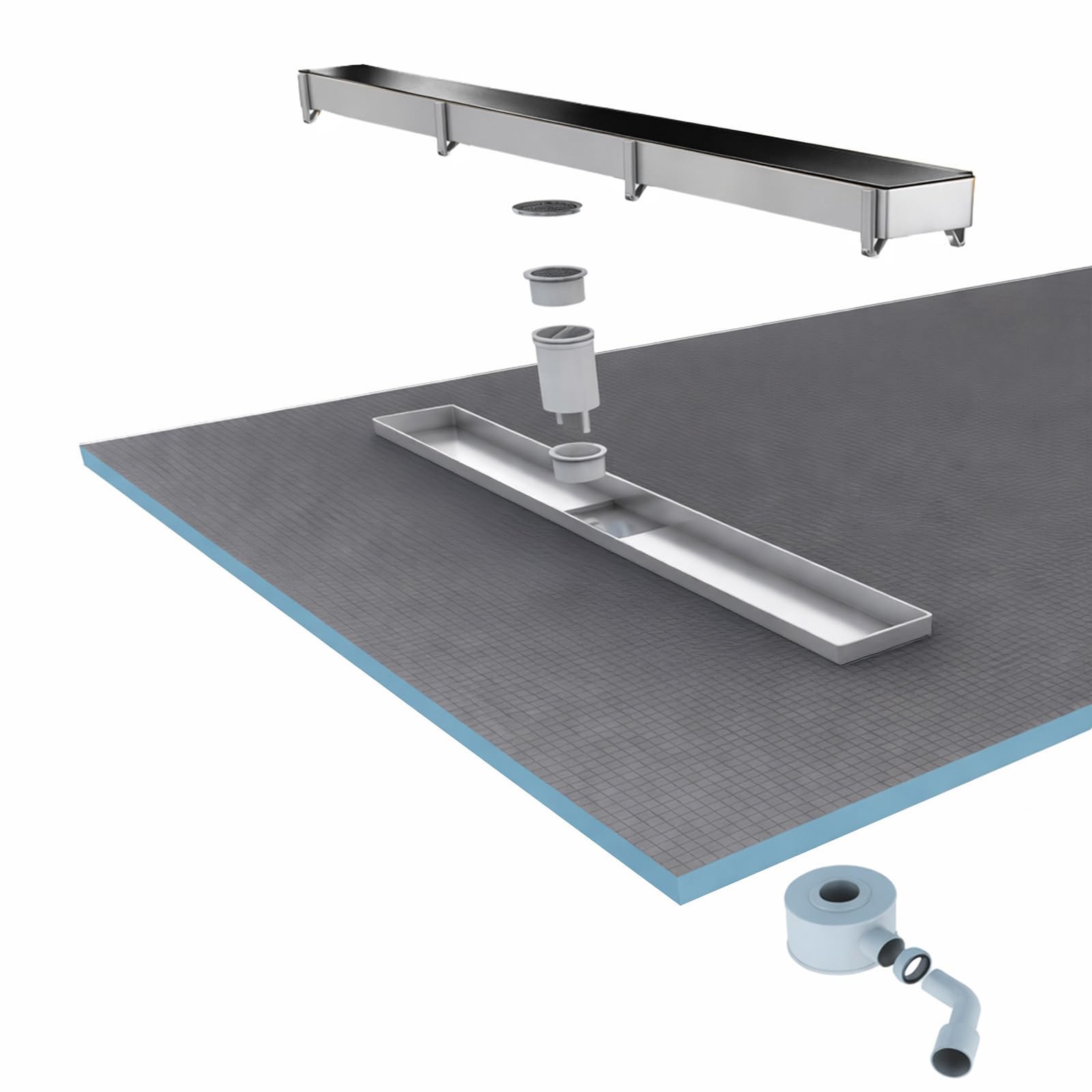 Receveur de Douche à Carreler 140x80cm à Ecoulement Linéaire - Grille Noire et Bonde