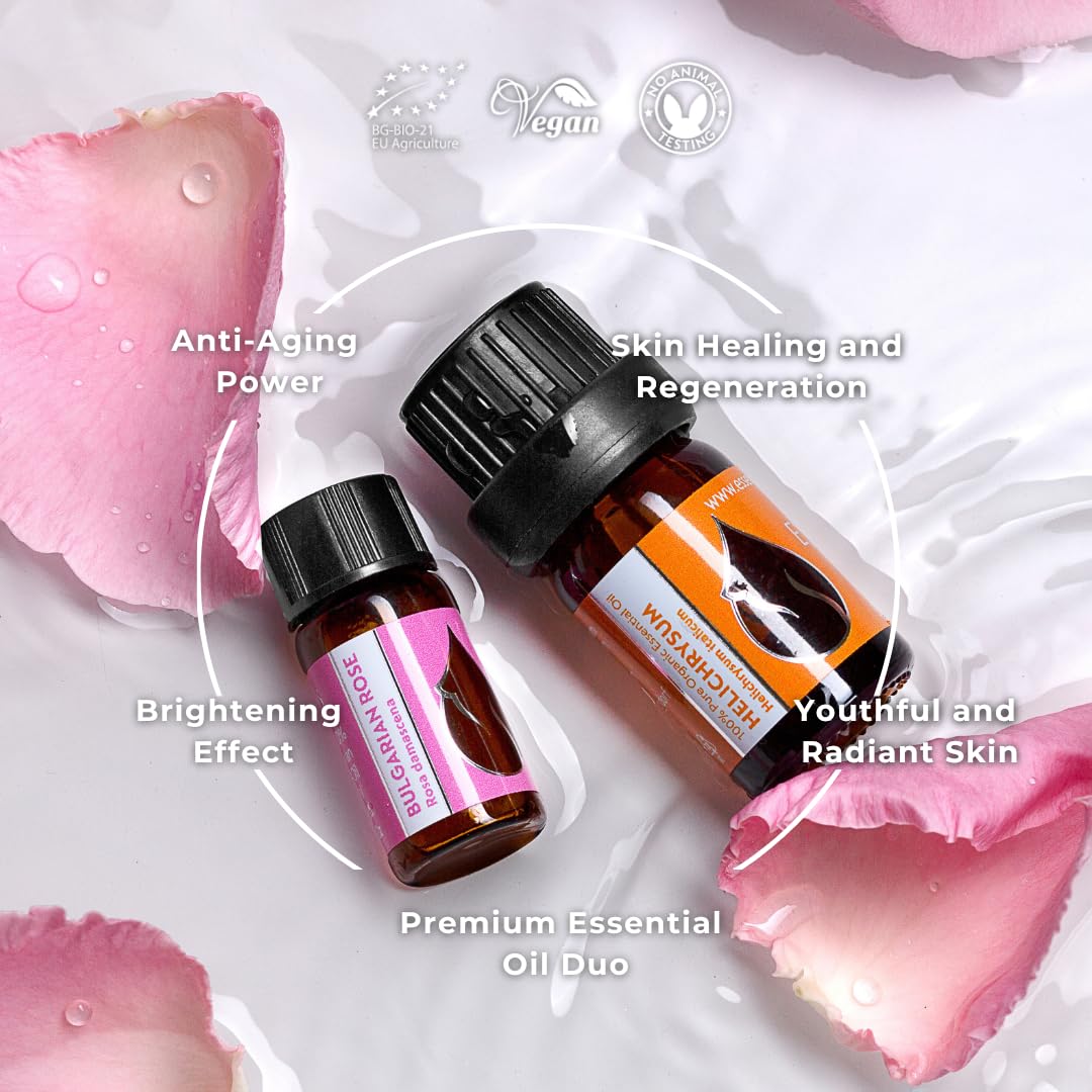 2er Set Luxus Bio-Ätherische Öle | Helichrysum (5 ml), Rose (3 ml) | 100 % rein und natürlich | Unverdünnt | Therapeutische Qualität | Familienbetrieb | Wasserdampfdestilliert | 2 Stück