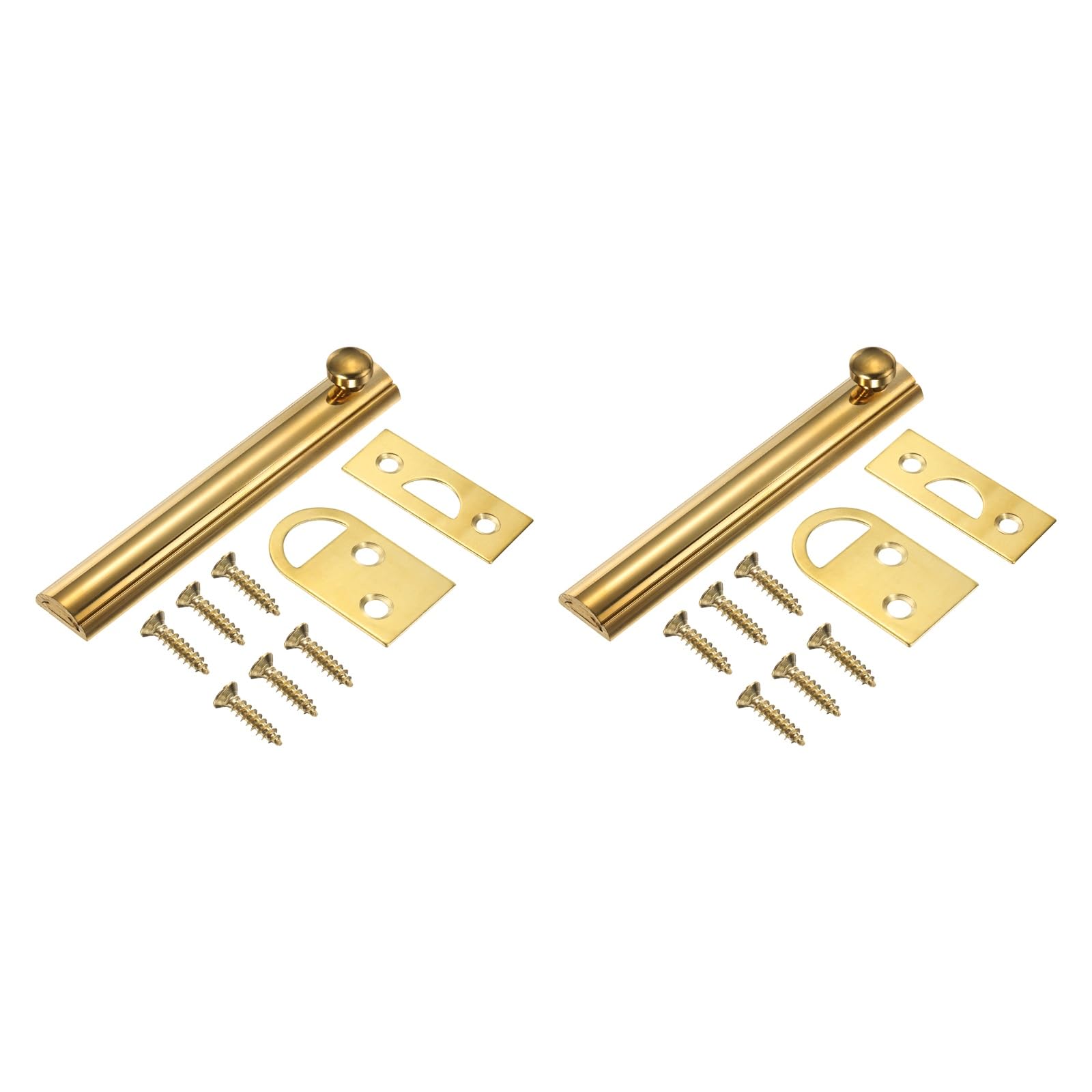 sourcing map 2Pcs 4" Solid Brass Surface Bolt, Concealed Security Slide Latch Door Lock with Screws, Polished French Door Lock for Closet Cabinet Recessed Doors, Brass Tone