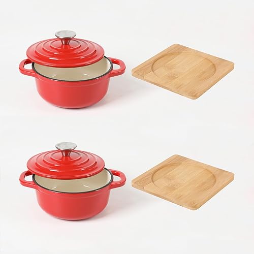 Miniatura 3 de Juego de mini cocotte redondo de hierro fundido esmaltado, mini hornos holandeses de 0.7 cuartos de galón con tapas y bandejas de bambú, 22.57