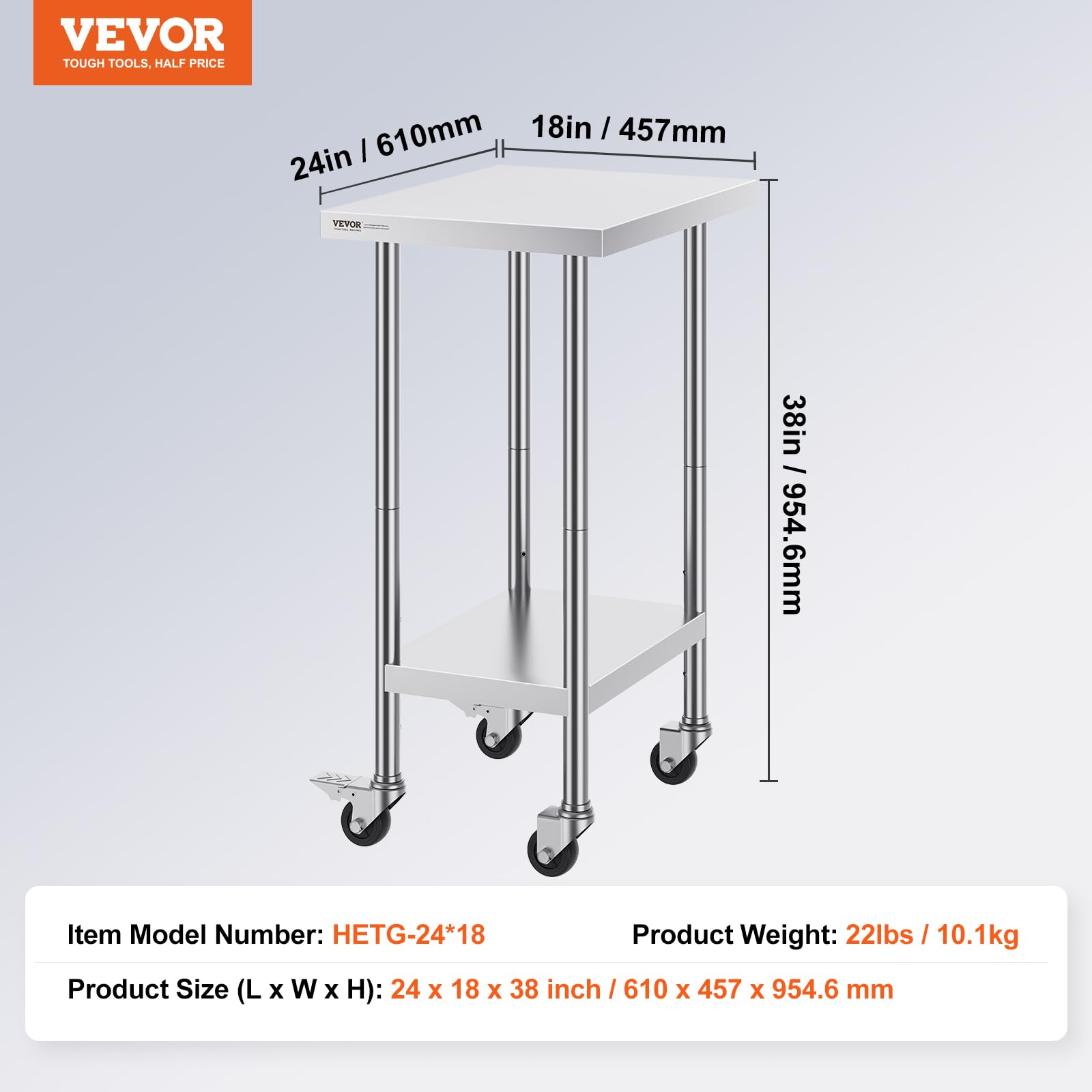 VEVOR Edelstahl Arbeitstisch Küche, Edelstahltisch Küchetisch mit 4 Universalrädern Rollen, 61 x 45 x 95 cm