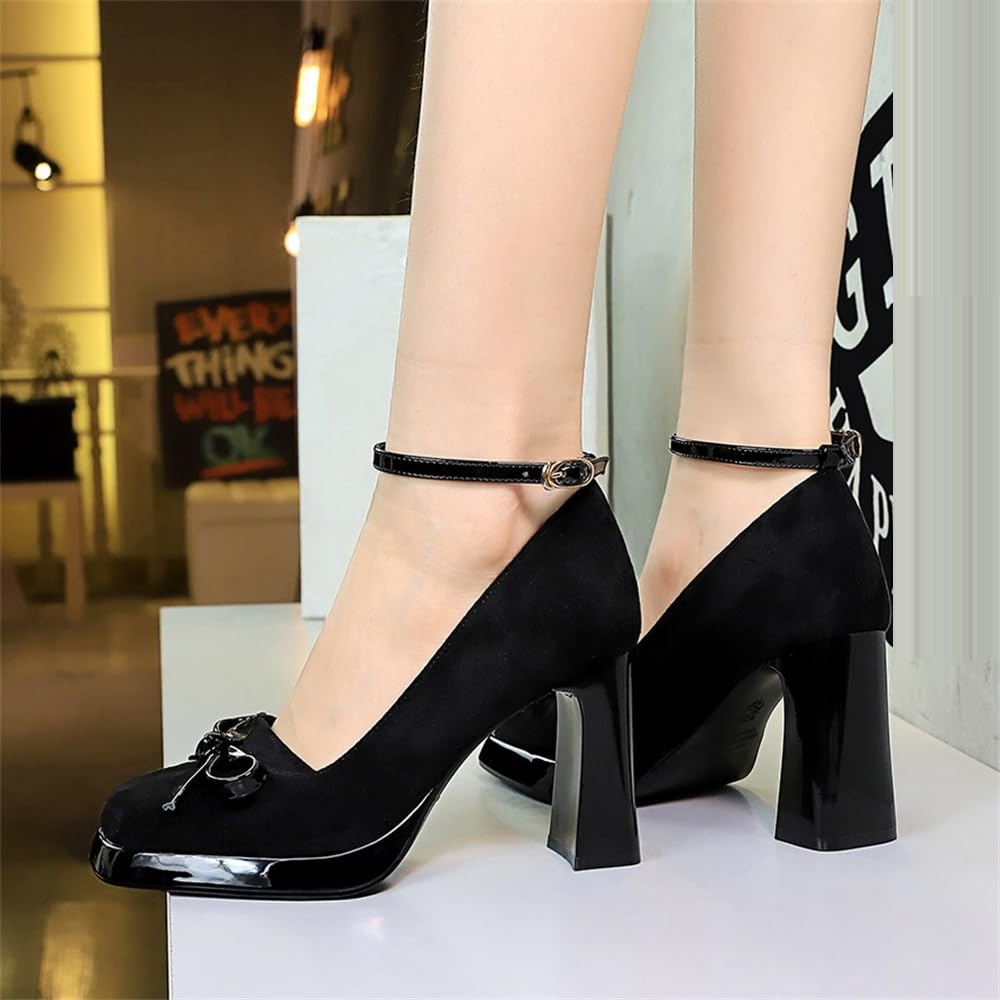 YGJKLIS Donna chiuso quadrato dita della caviglia cinturina grossa tacchi alti 9cm camomile elegante formale lavoro ufficio piattaforma pompe scarpe