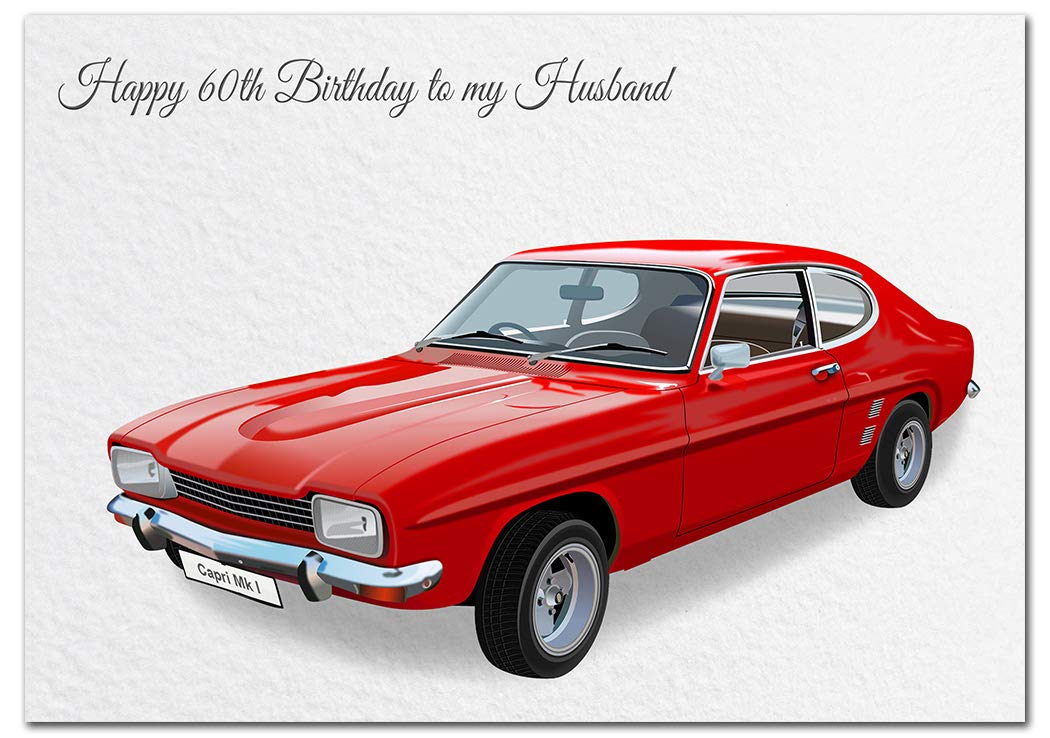 Extra Large Husband 60th Birthday Card - XL Big thick A4 size - Cool Classic 1973 Capri Mk 1 Car Art - Special Age Year Traditional Greeting - Huge Happy Wishes Him Men Male - UK Eco-Friendly