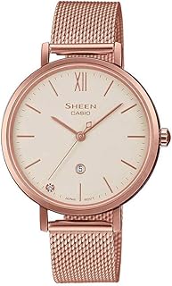 ساعة يد شين أنالوج مرصعة بحجر سافير بسوار شبكي من الفولاذ المقاوم للصدأ للنساء من كاسيو SHE-4539CGM-4AUDF