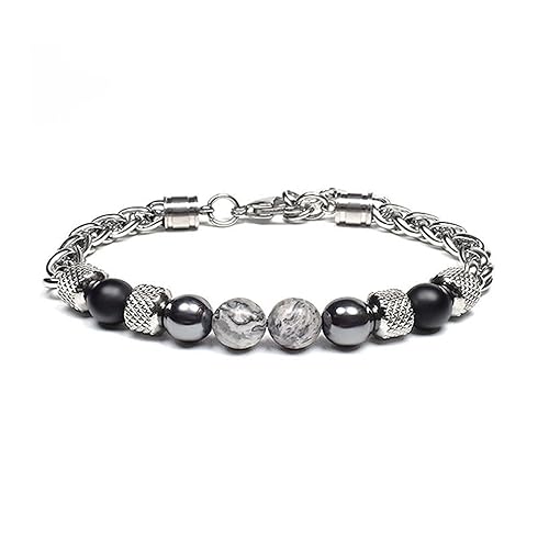 Rankeef Men's Beaded Bracelet - Stainless Steel, Natural Stone, 8MM,