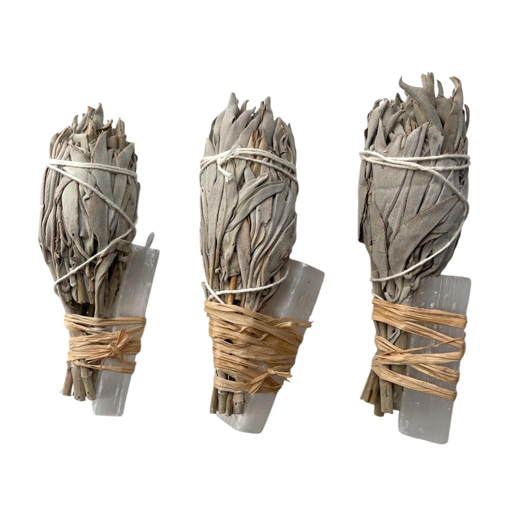 Vie Grey & White Smudge Stick, Torch White Sage And Selenite 4", Pack Of 3